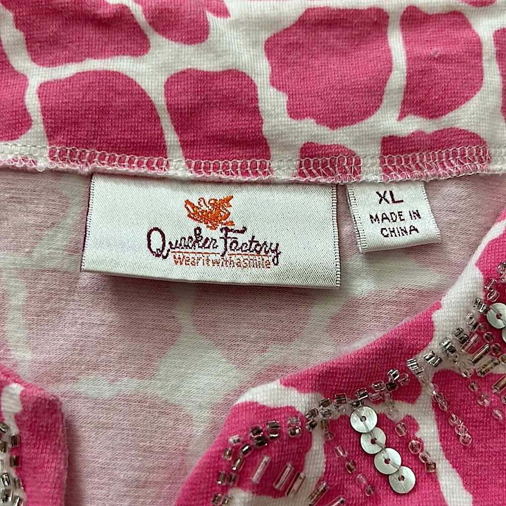 Quaker Factory Pink Giraffe Print Sequins Beaded 3/4 Sleeve Shirt Top **Sz XL** - Picture 4 of 4